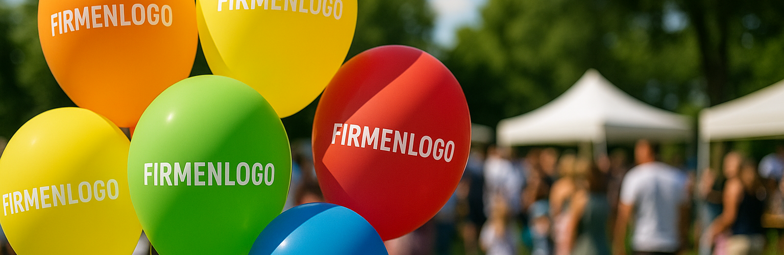 Mehrere bunte Luftballons auf einem Sommerfest einer Firma. Die Ballons sind mit einem Firmenlogo bedruckt