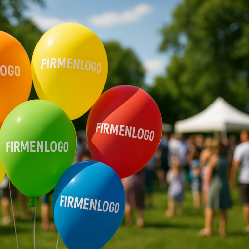 Mehrere bunte Luftballons auf einem Sommerfest einer Firma. Die Ballons sind mit einem Firmenlogo bedruckt
